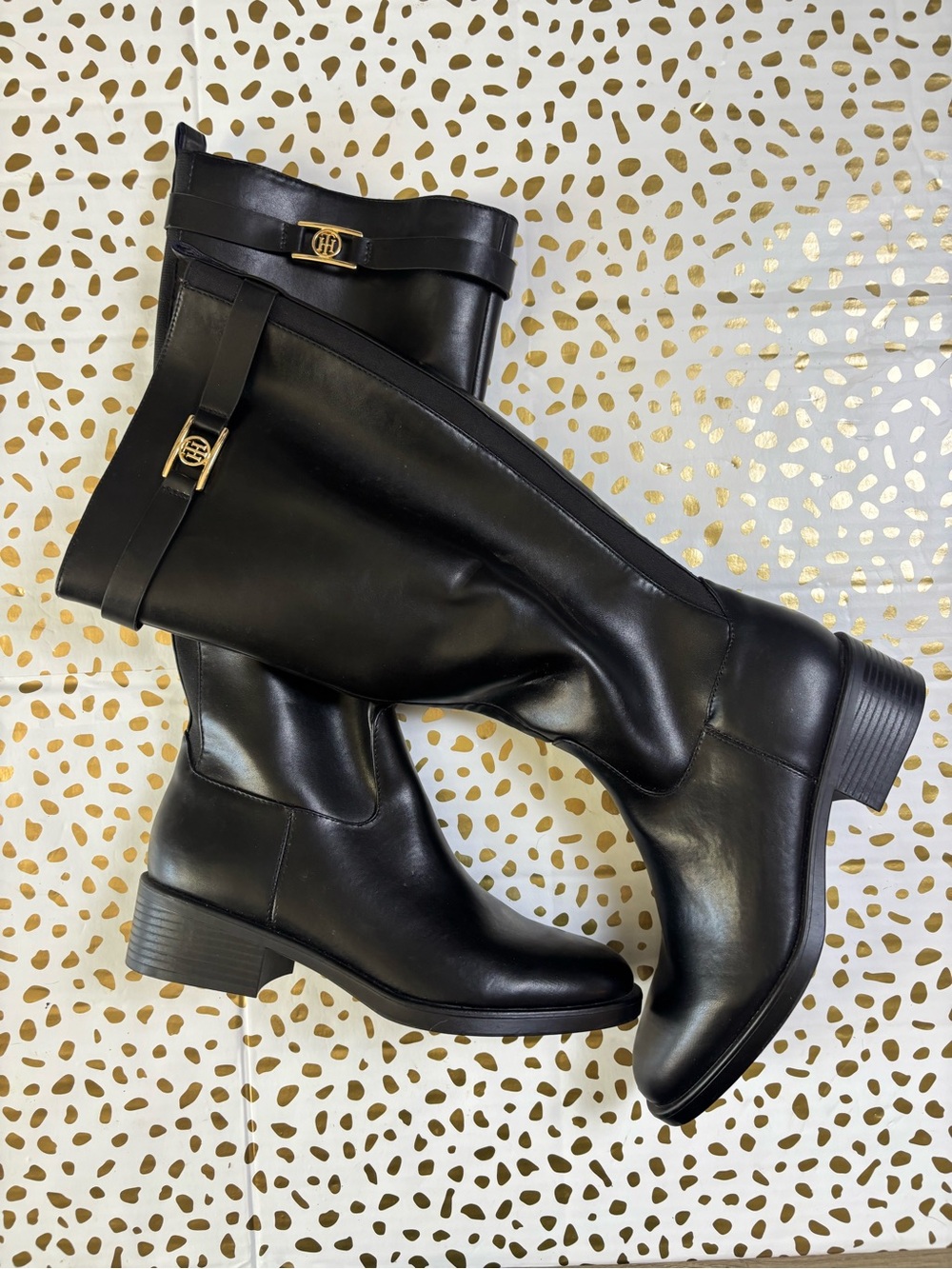 Tommy Hilfiger Black Leather Mid-Calf Heeled Boots